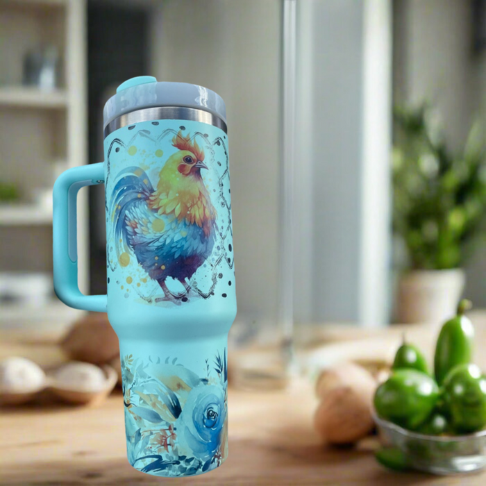 Rooster Floral Printed 40oz Insulated Tumbler With Handle