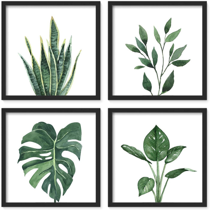 Pack Of 4 Green Leaf Tropical Plant Square Frame For Home Decoration - Grafton Collection