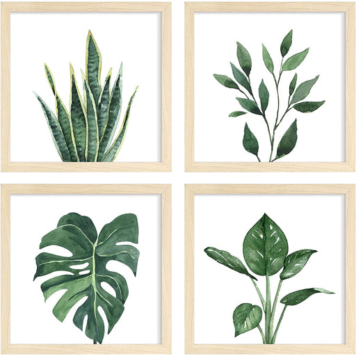 Pack Of 4 Green Leaf Tropical Plant Square Frame For Home Decoration - Grafton Collection