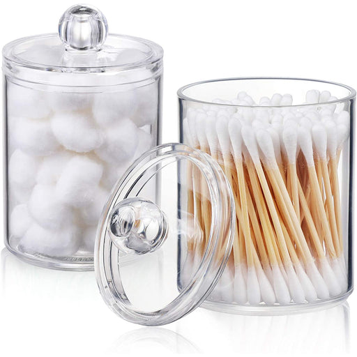 Dispenser For Cotton Ball, Cotton Swab, Cotton Round Pads, Floss - 10 Oz Clear Plastic Apothecary Jar Set For Bathroom Canister Storage Organization, Vanity Makeup Organizer - Grafton Collection
