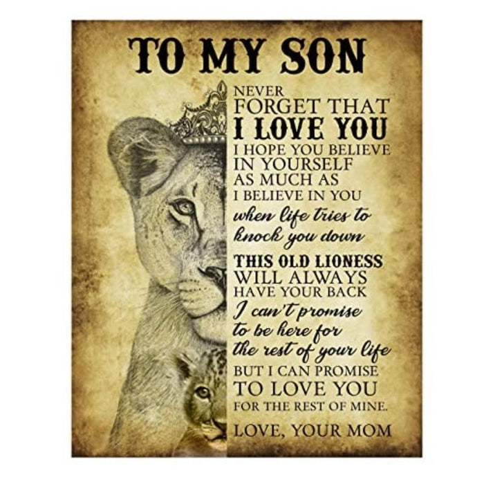 "To My Son-Never Forget That I Love You" Motivational Family Wall Typographic Wall Decor Lioness & Cub Image-Ready to Frame. Inspirational Keepsake for Any Son. Great Graduation Gift