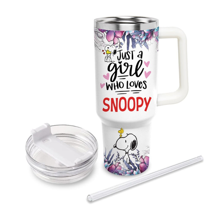 Just A Girl Snoopy Flower Custom Name Tumbler With Handle