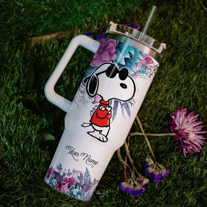 Just A Girl Snoopy Flower Custom Name Tumbler With Handle