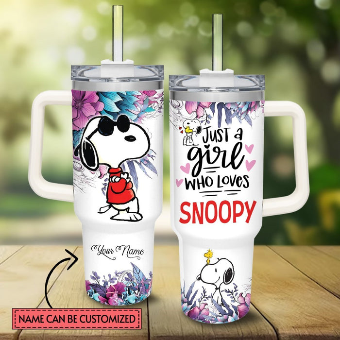 Just A Girl Snoopy Flower Custom Name Tumbler With Handle