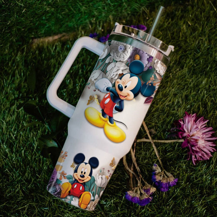 Engraving Mickey Mouse 3D Flower Tumbler With Handle