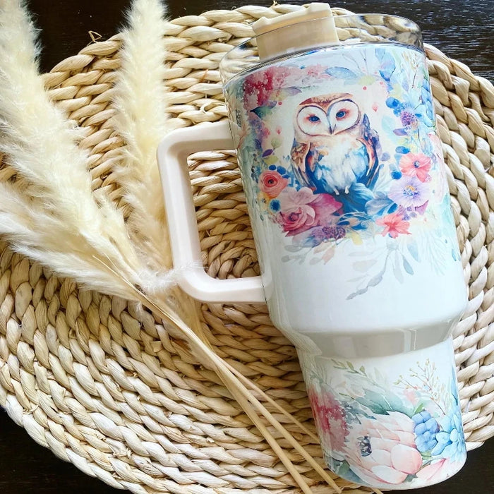 Owl And Floral Design 40oz Tumbler With Flip Straw Lid