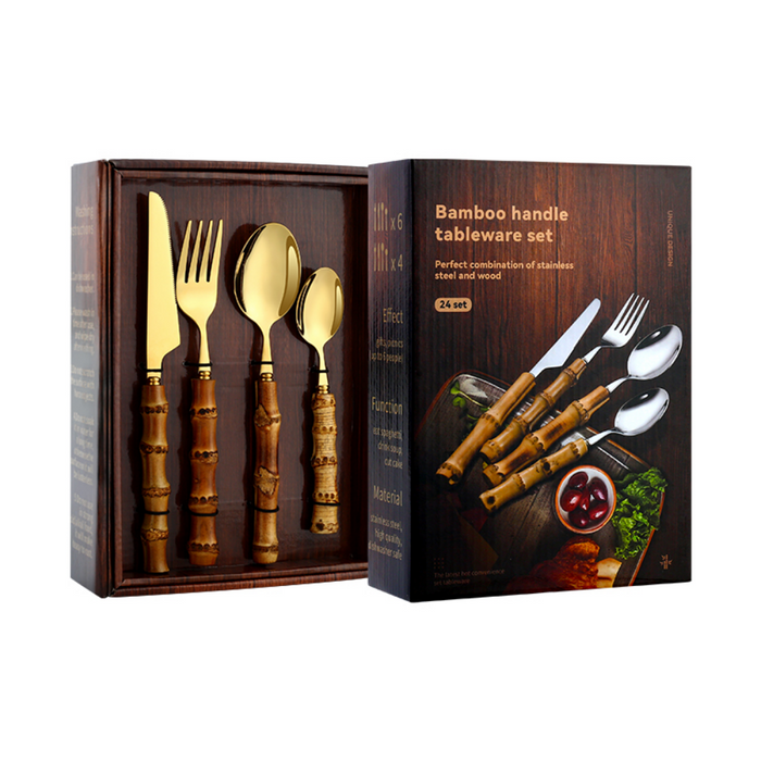 Bamboo & Stainless Steel Flatware Set - 24 Pieces