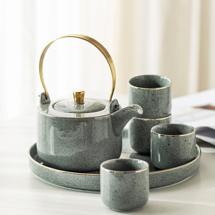 Japanese Grey Golden Rim Ceramic Teapot Set