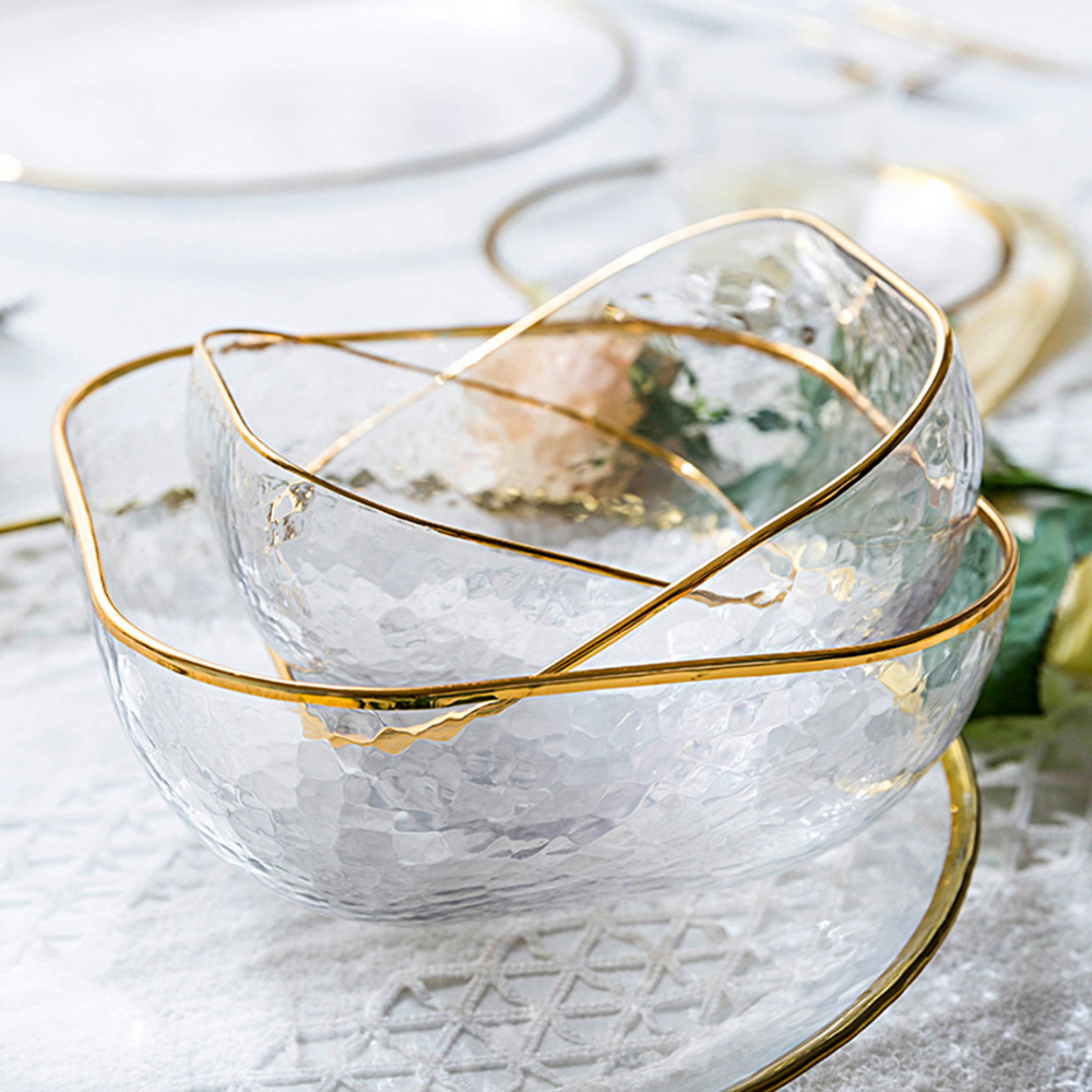 Gold Inlay Edge Glass Salad Bowl Transparent Glass Bowl Dessert