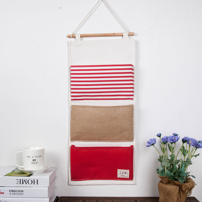 Red & Beige Cotton & Linen Hanging Storage Organizer - Grafton Collection